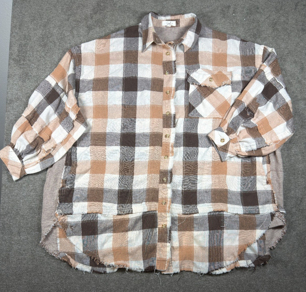 Easel Plaid Picnic Flannel Oversize Button Down Shirt S Raw Hem Brown White